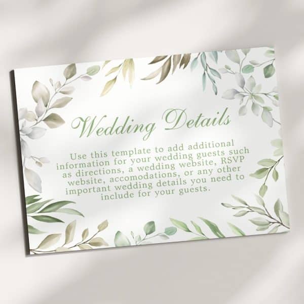 Wedding Details Card With Green And Gray Watercolor Leaves.