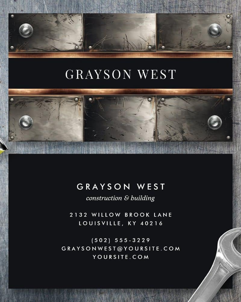 Business card for Grayson West construction and building, featuring a metallic design.