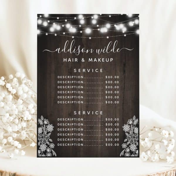 Addison Wilde Hair And Makeup Price List With String Lights And Floral Design.