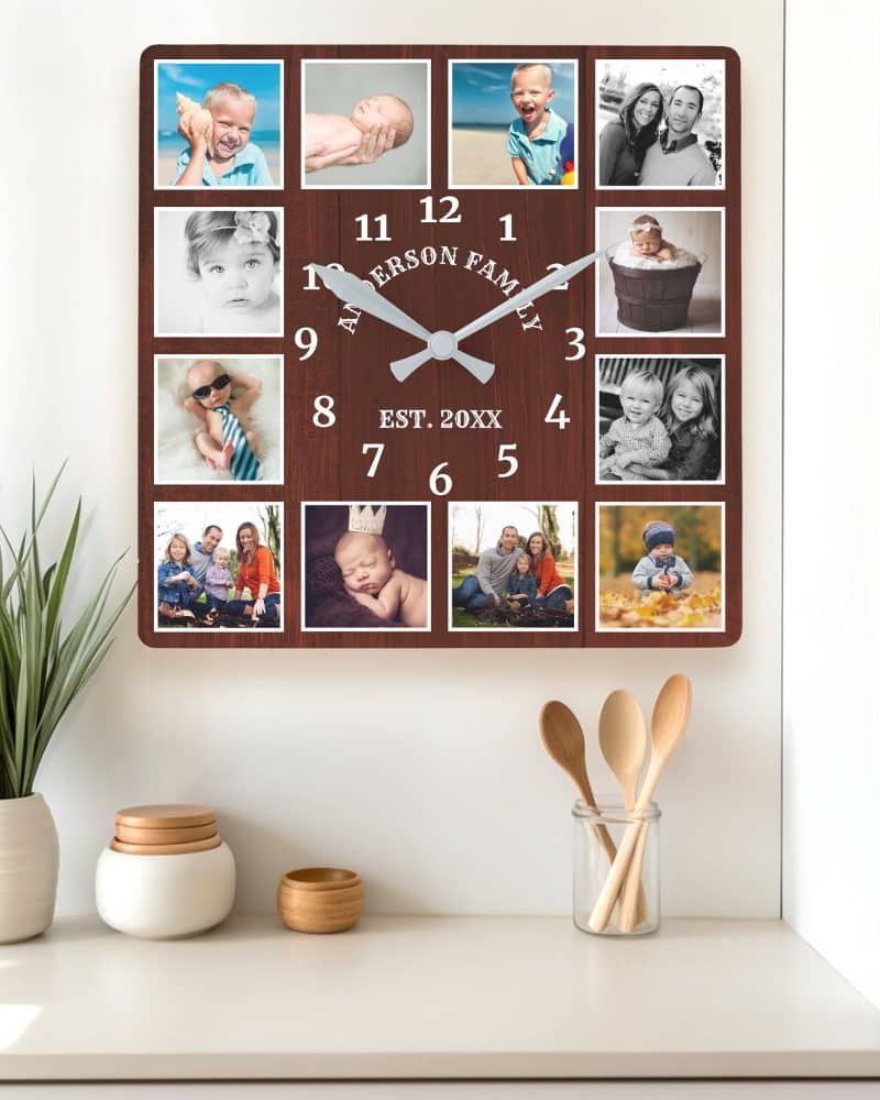 Brown square clock with family photos and the family name.