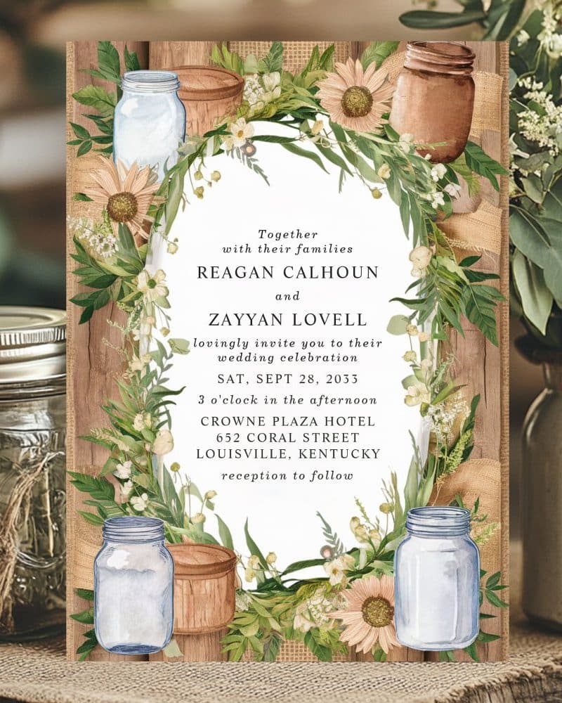 Rustic wedding invitation with mason jars and sunflowers.
