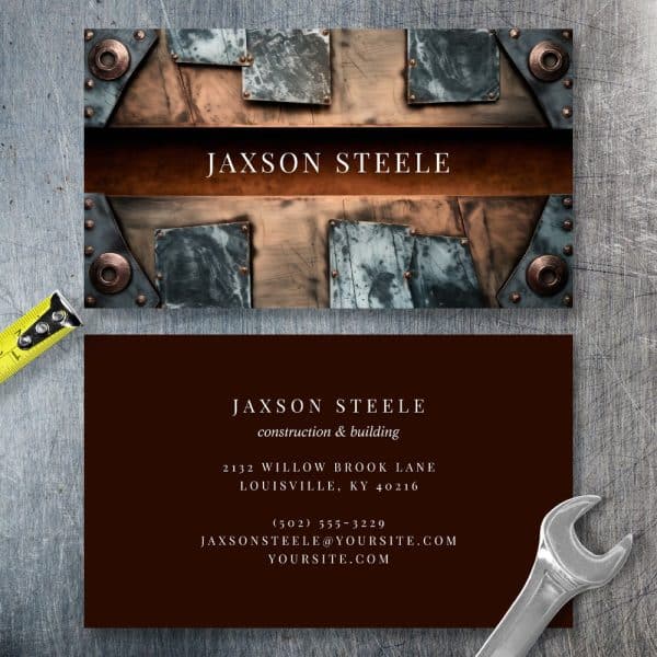 Business Card For Jaxson Steele, Construction And Building. The Top Features A Metallic Design.