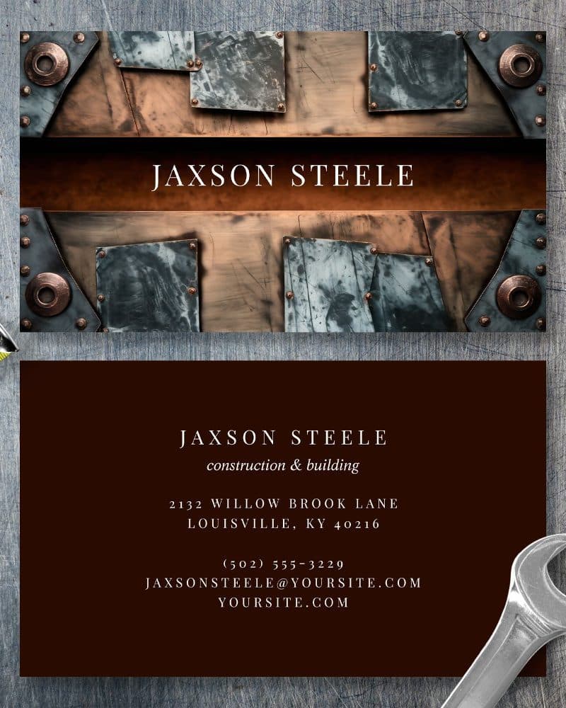 Business card for Jaxson Steele, construction and building. The top features a metallic design.