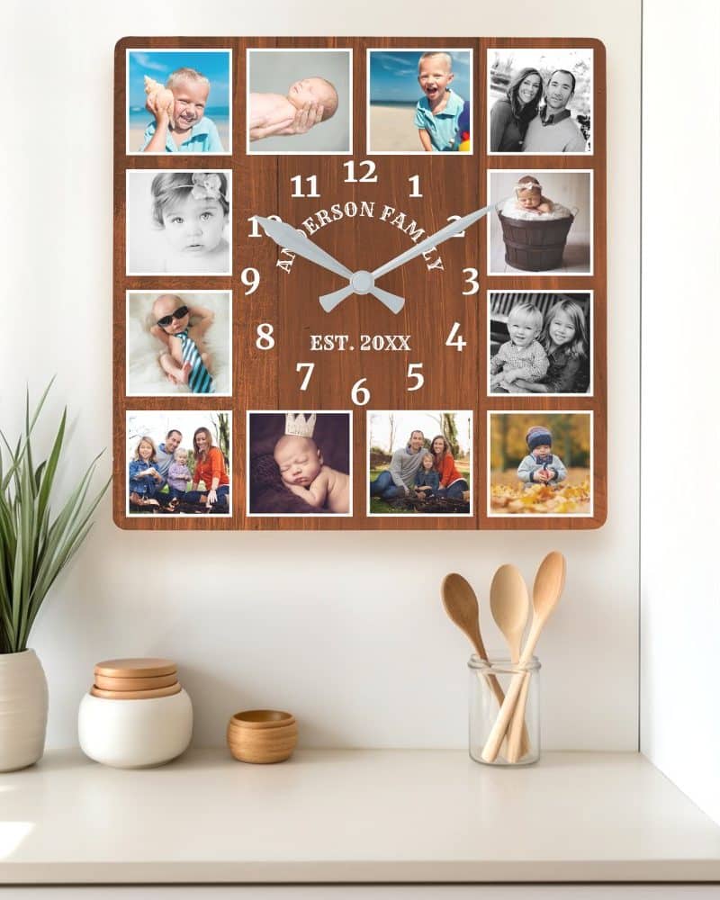 A square wooden clock displaying a family photo collage.