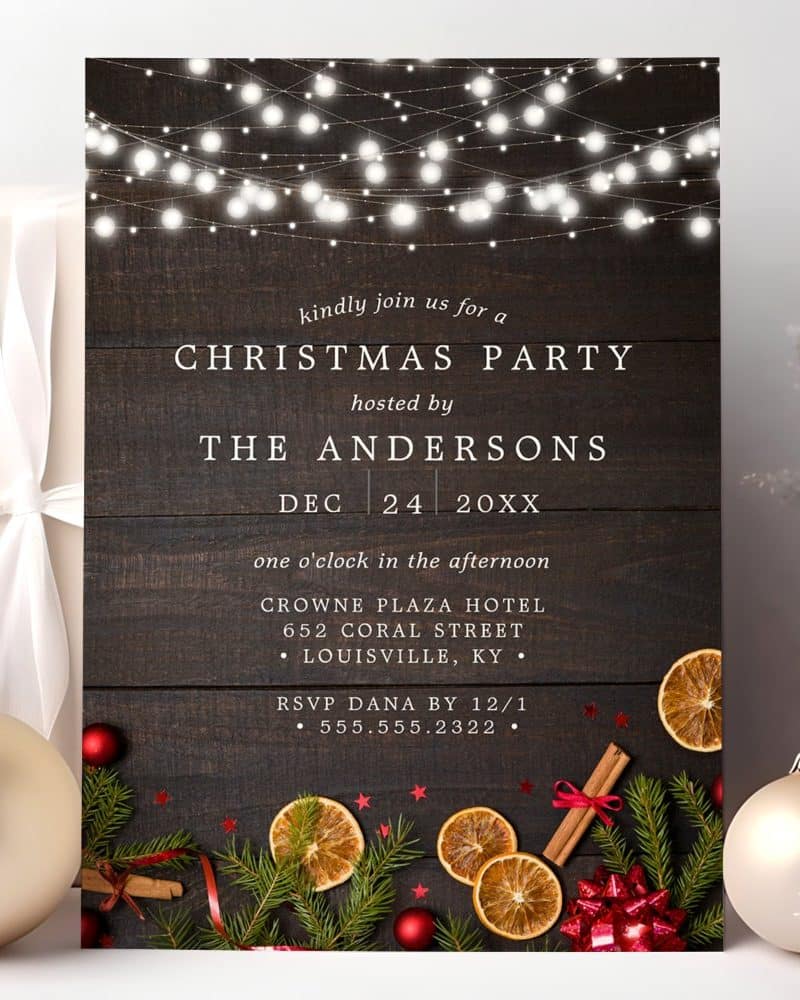 Christmas party invitation with wood background, string lights, and holiday decorations.