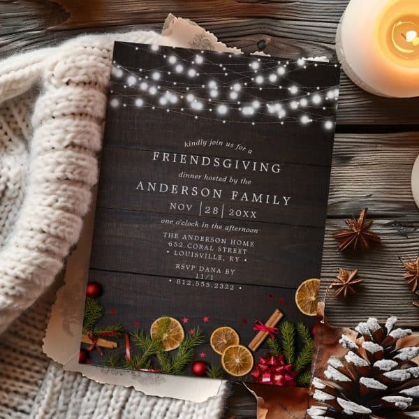 Friendsgiving Invitation With Dark Wood Background, String Lights, And Holiday Decorations.