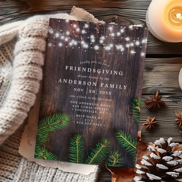 Friendsgiving Invitation On A Wood Background With String Lights And Evergreen Branches.