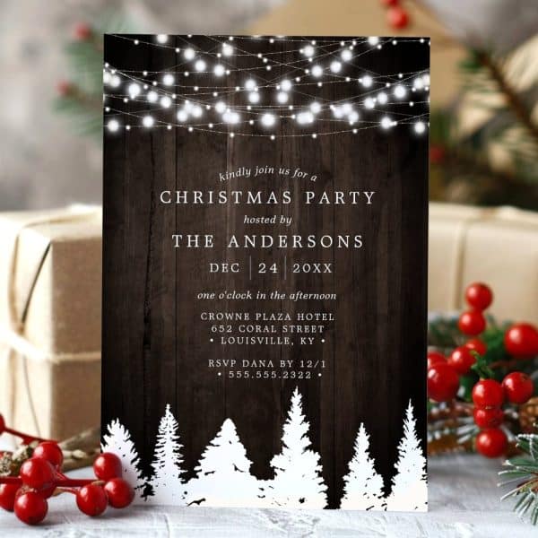 Christmas Party Invitation With String Lights And Pine Trees.