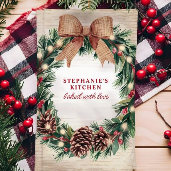 A Watercolor Christmas Wreath With Pinecones And A Burlap Bow Surrounds Text That Says Stephanie'S Kitchen Baked With Love.
