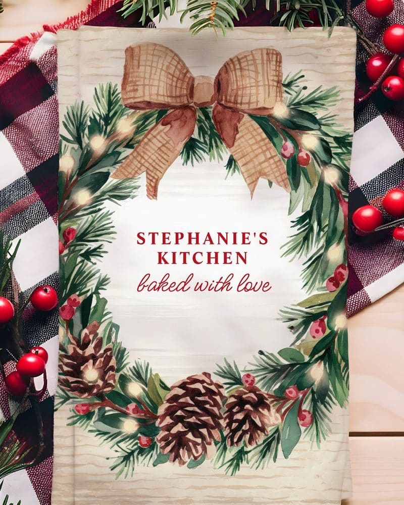 A watercolor Christmas wreath with pinecones and a burlap bow surrounds text that says Stephanie's Kitchen baked with love.
