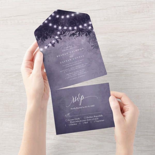Purple Wedding Invitation With String Lights And Tree Branches Design; Includes Rsvp Card.