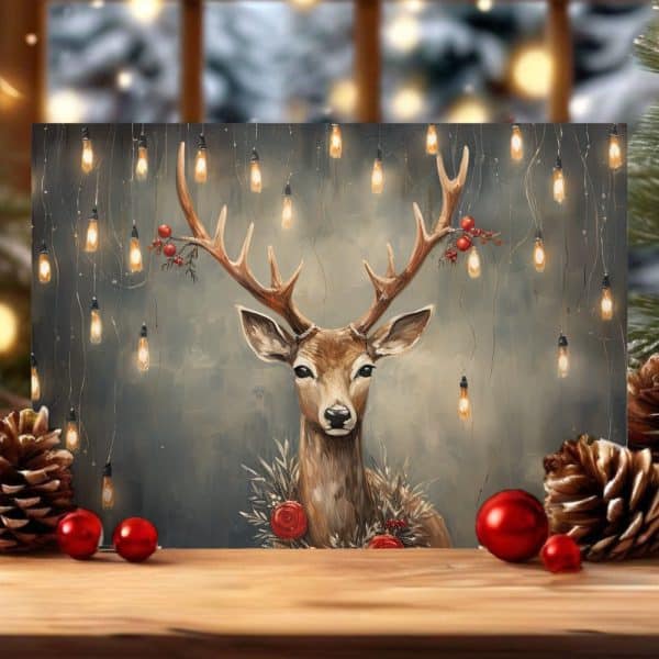 Painting Of A Deer Wearing A Floral Garland, Adorned With String Lights.