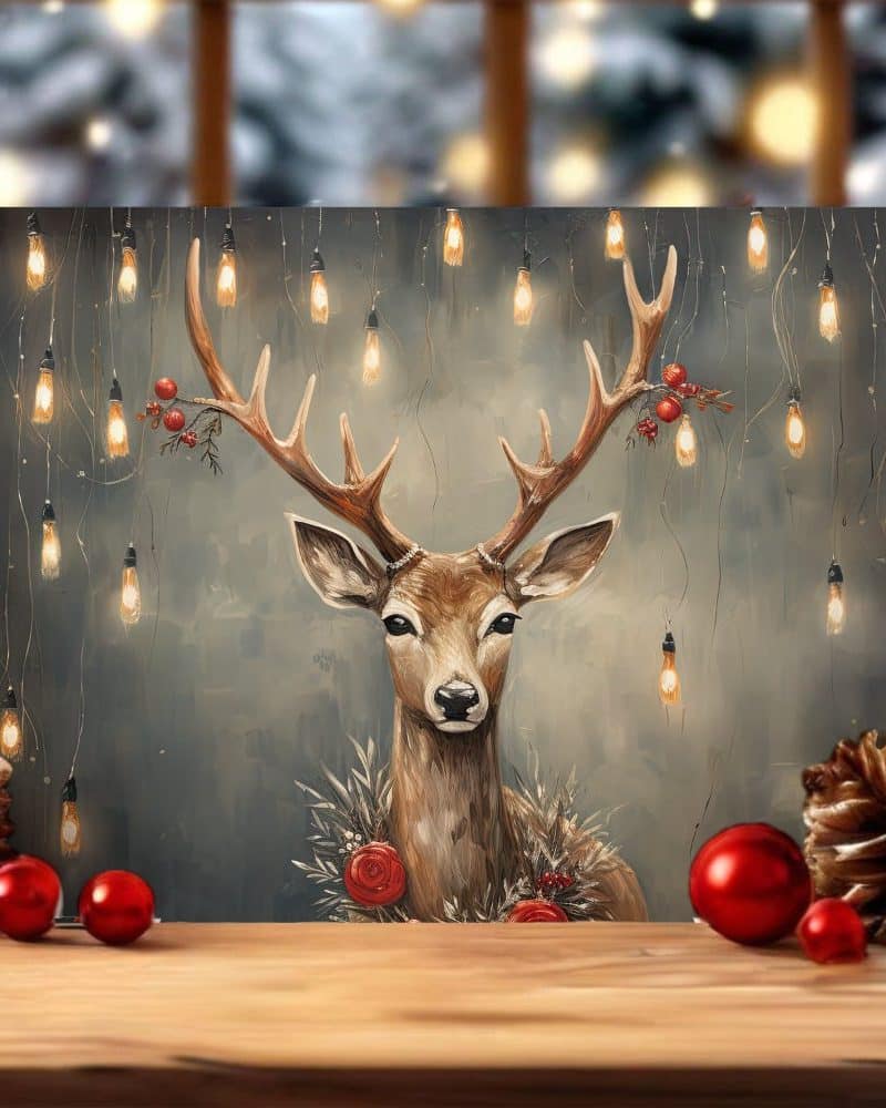 Painting of a deer wearing a floral garland, adorned with string lights.