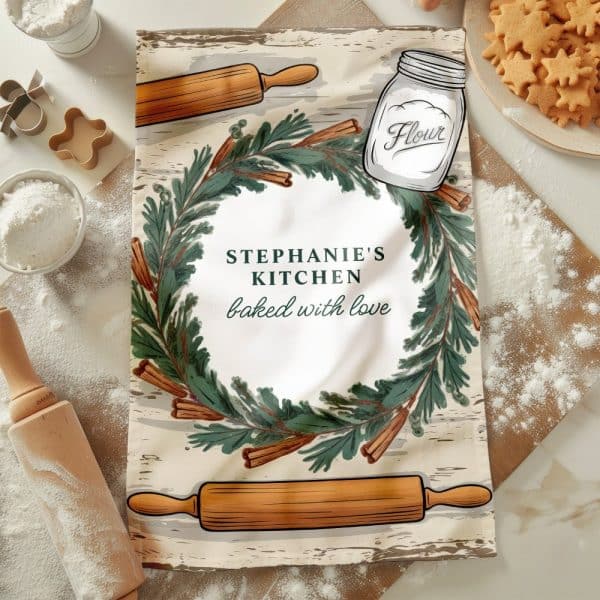 Kitchen Tea Towel Featuring A Cinnamon Stick And Evergreen Wreath Design With Stephanie'S Kitchen Baked With Love Text.