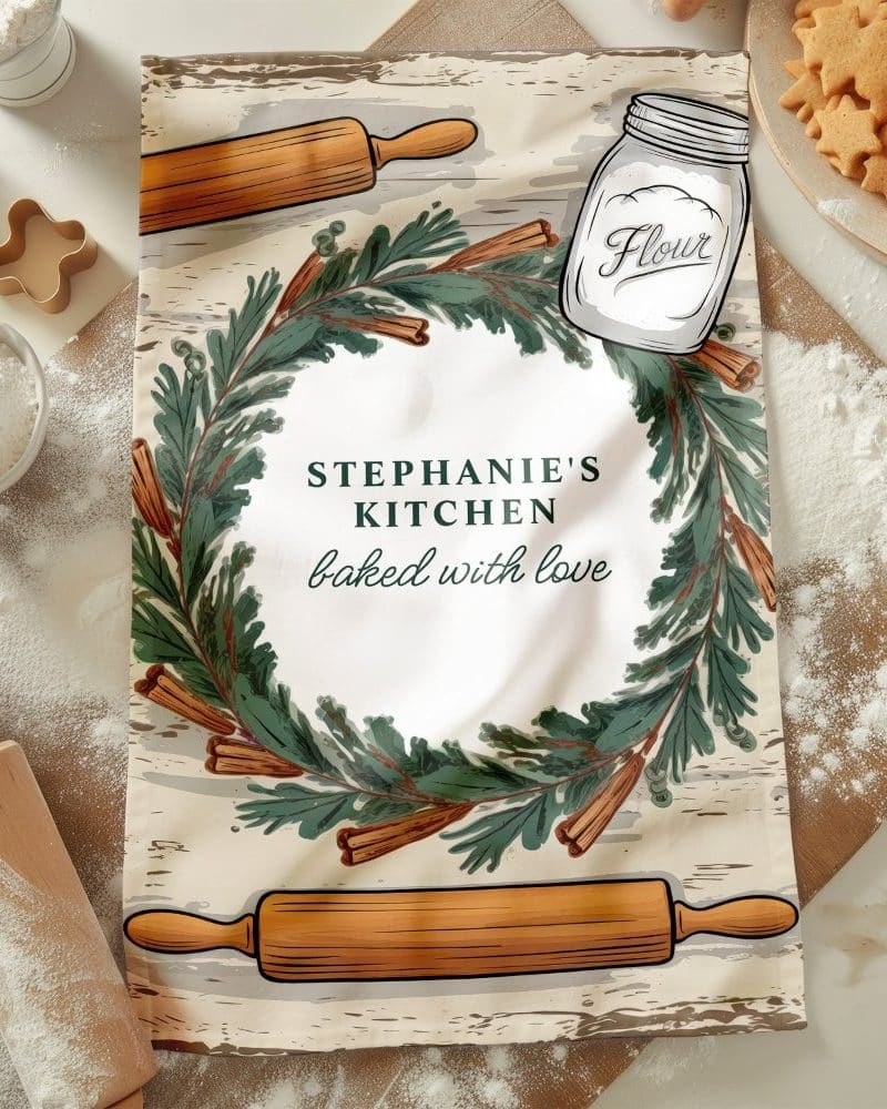 Kitchen tea towel featuring a cinnamon stick and evergreen wreath design with Stephanie's Kitchen baked with love text.