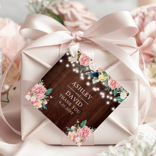 Rustic String Lights Blush Pink Floral Thank You Favor Tags