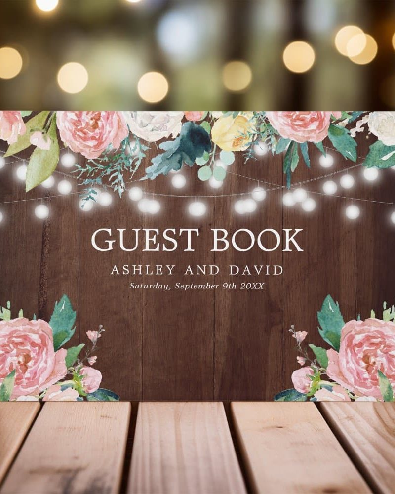 Rustic String Lights Blush Pink Floral Wedding Guest Book