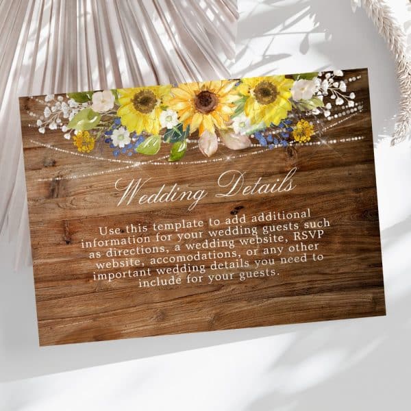Wedding Details Card With Sunflowers And String Lights On A Wood Background.