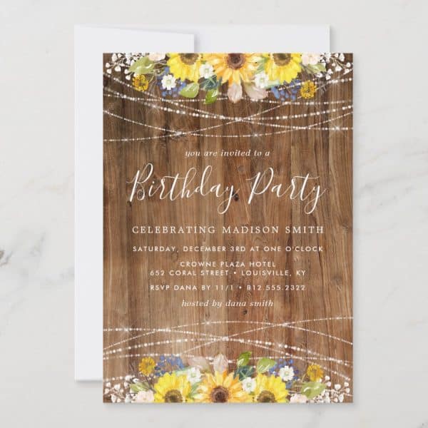 Birthday Party Invitation With Sunflowers And String Lights On A Wood Background.