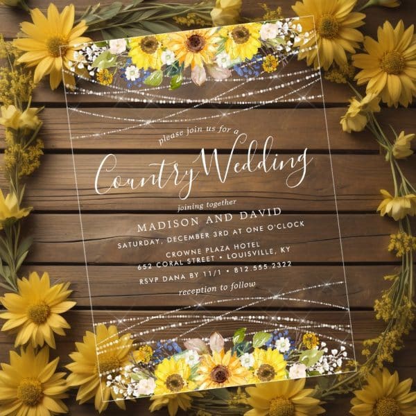 Clear Acrylic Wedding Invitation With Sunflowers And String Lights, Announcing Madison And David'S Country Wedding.