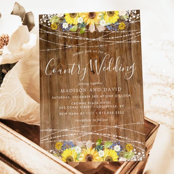 Rustic Wedding Invitation With Sunflowers And String Lights.