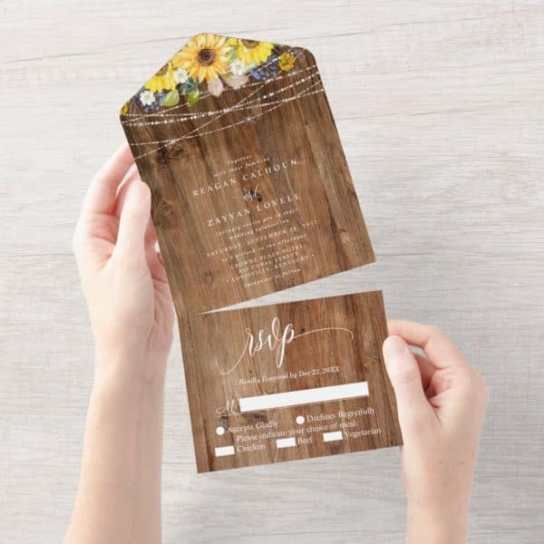 Rustic Wooden Wedding Invitation With Sunflowers And String Lights, Showing Both The Invitation And Rsvp Card.