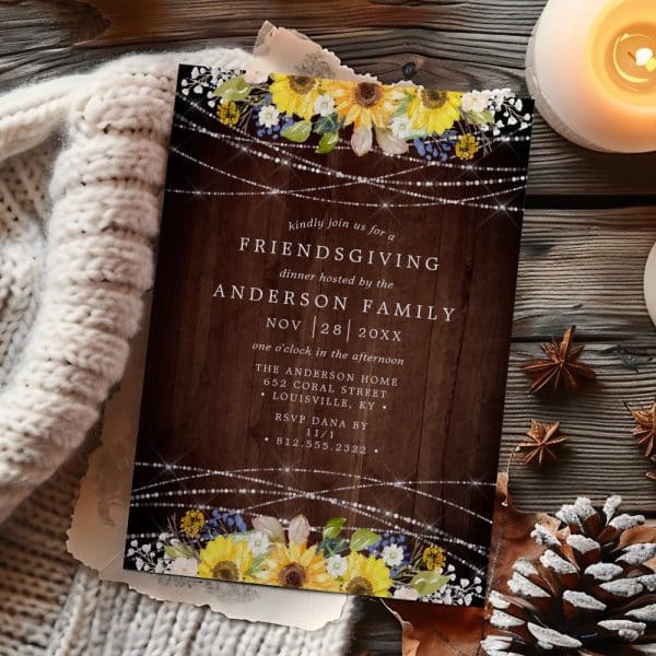 Friendsgiving Invitation With Sunflowers And String Lights On A Wood Background.