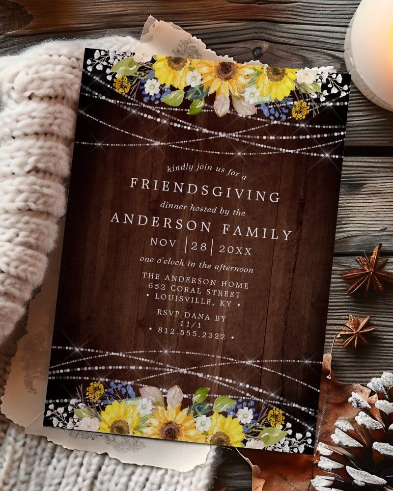 Friendsgiving invitation with sunflowers and string lights on a wood background.