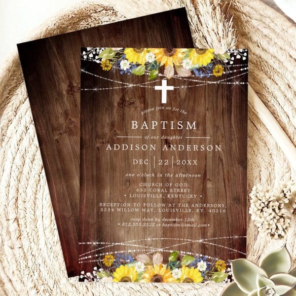 Baptism Invitation For Addison Anderson, Featuring Sunflowers And A Rustic Wood Background.