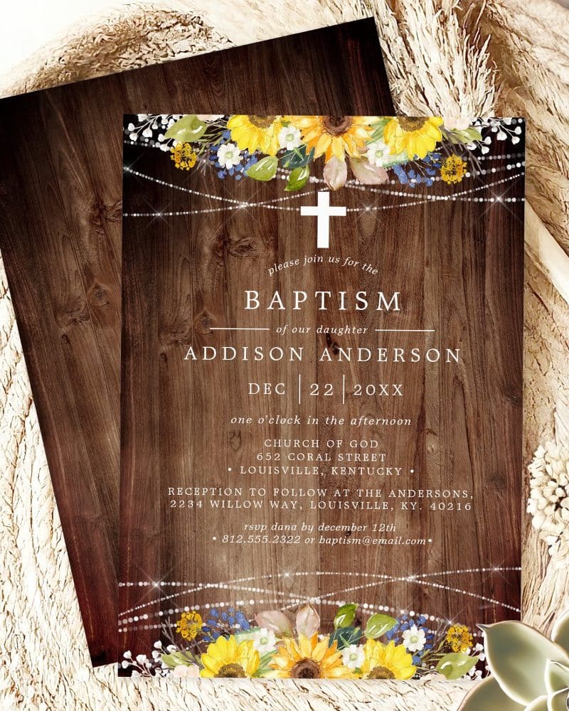 Baptism invitation for Addison Anderson, featuring sunflowers and a rustic wood background.