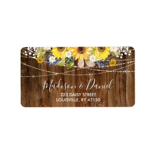 Return Address Label With Sunflowers, String Lights, And Wood Background; Madison &Amp; Daniel'S Address Is Included.