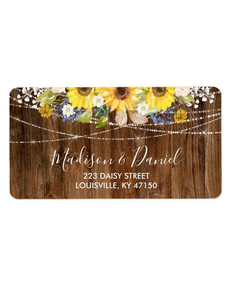 Return address label with sunflowers, string lights, and wood background; Madison & Daniel's address is included.