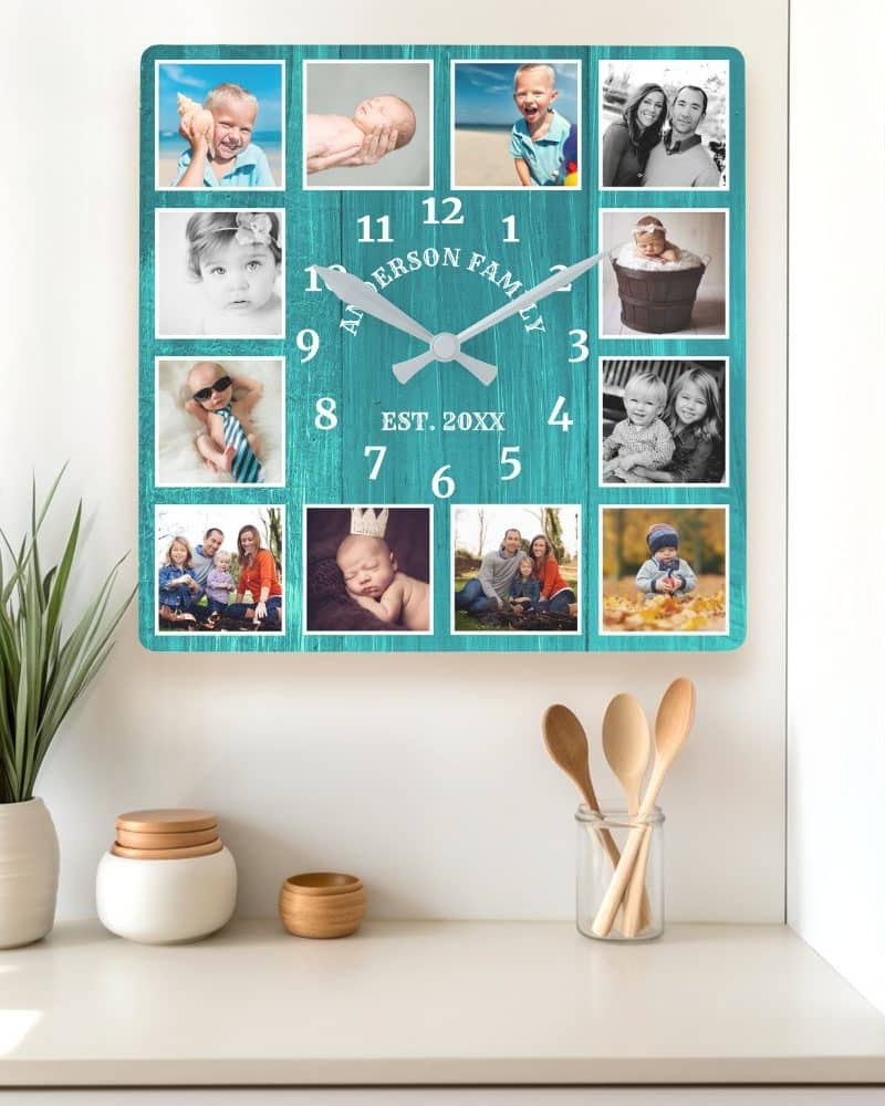 Teal square clock with family photos and the family name.