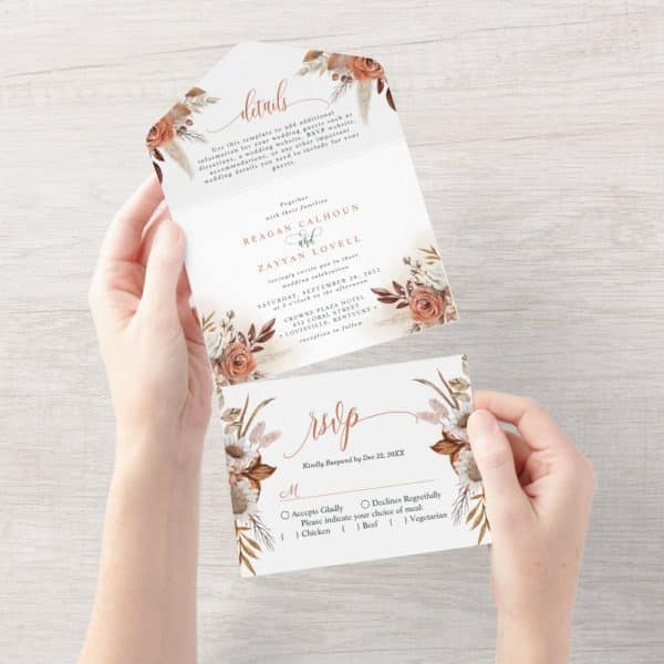 Wedding Invitation Suite With Floral Design, Showing The Invitation, Details Card, And Rsvp Card.