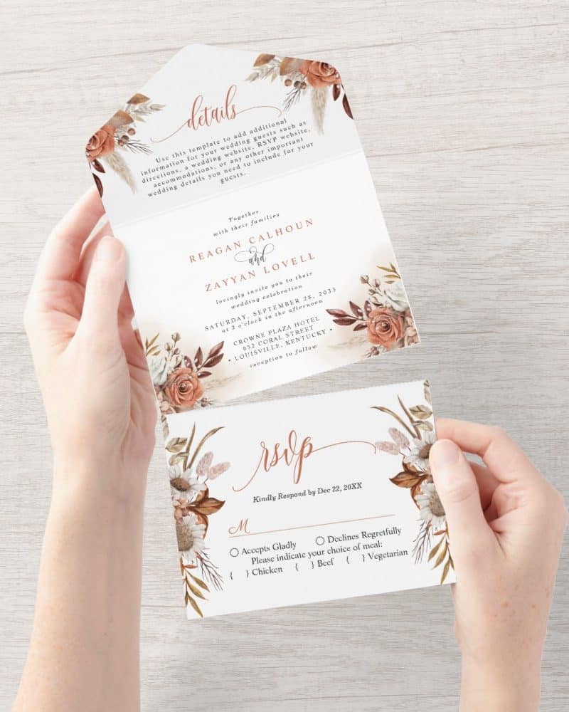 Wedding invitation suite with floral design, showing the invitation, details card, and RSVP card.