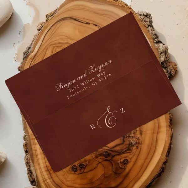 Dark Red Envelope With Light Pink Lettering Showing A Couple'S Name And Address, And Their Monogram.