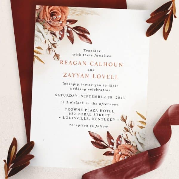 Wedding Invitation For Reagan Calhoun And Zayyan Lovell, Featuring Fall-Colored Floral Designs.