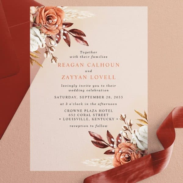 Wedding Invitation For Reagan Calhoun And Zayyan Lovell, Featuring Autumnal Floral Design.
