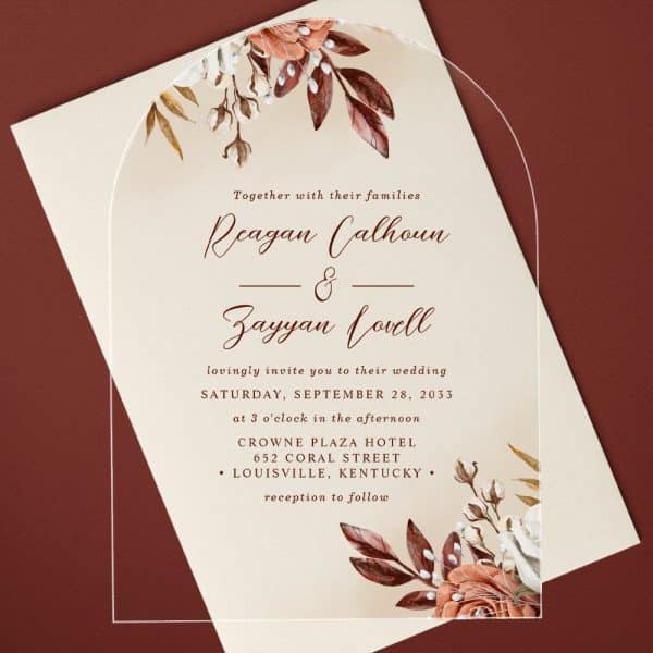 Wedding Invitation For Reagan Calhoun And Zayyan Lorell, Featuring Autumnal Floral Designs.