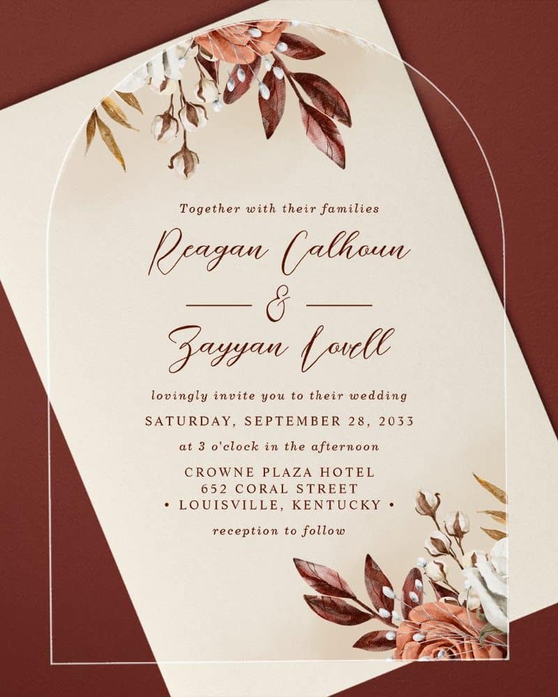 Wedding invitation for Reagan Calhoun and Zayyan Lorell, featuring autumnal floral designs.