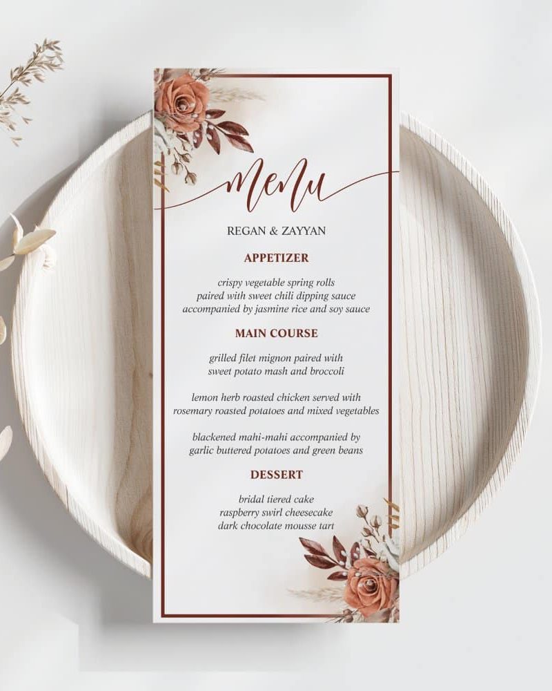 Rustic Terracotta Pampas Grass Floral Wedding Menu