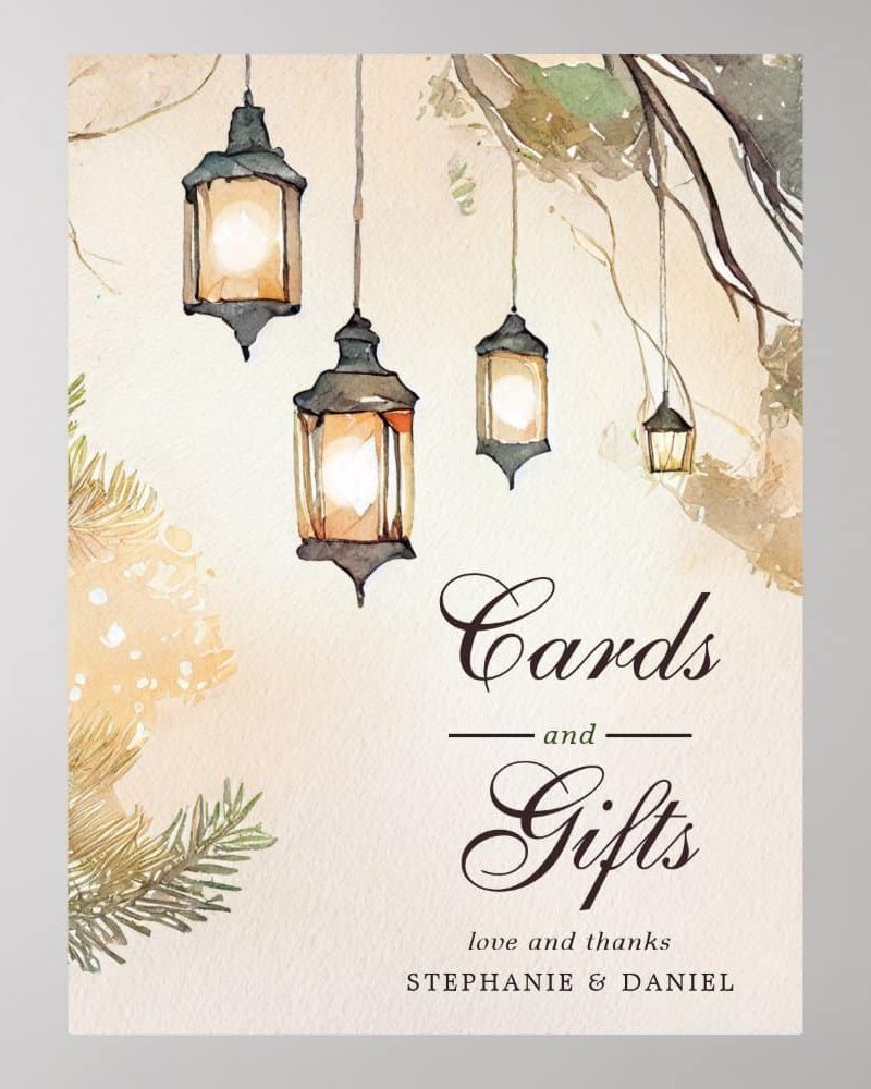 Watercolor painting of lanterns hanging from a tree branch, with text overlay reading Cards and Gifts, love and thanks, Stephanie & Daniel.