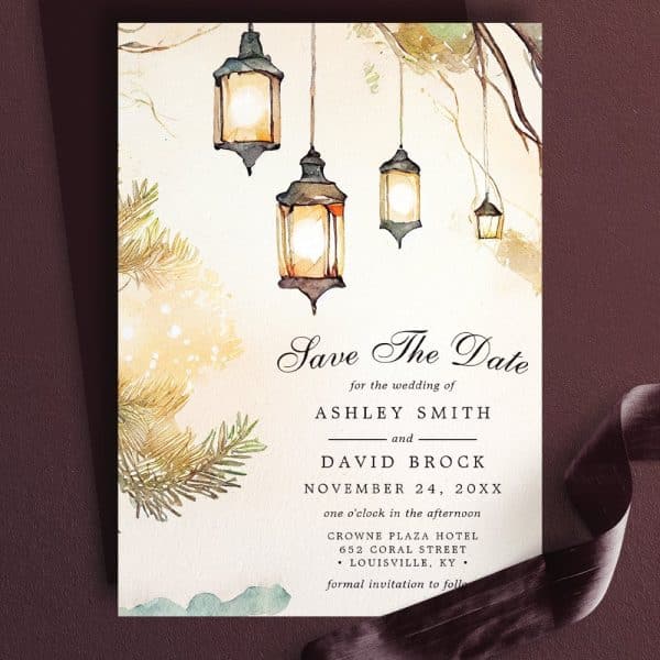Save The Date Wedding Invitation Featuring Watercolor Lanterns Hanging From A Tree Branch.