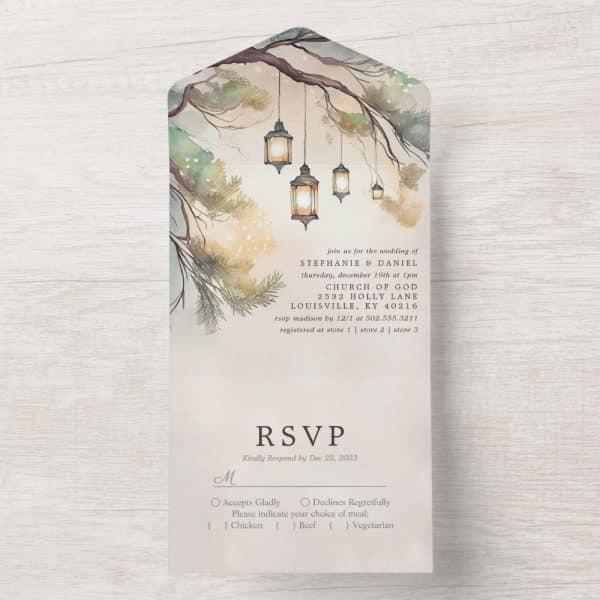 Wedding Invitation With Wintery Design Featuring Lanterns Hanging From A Tree Branch.