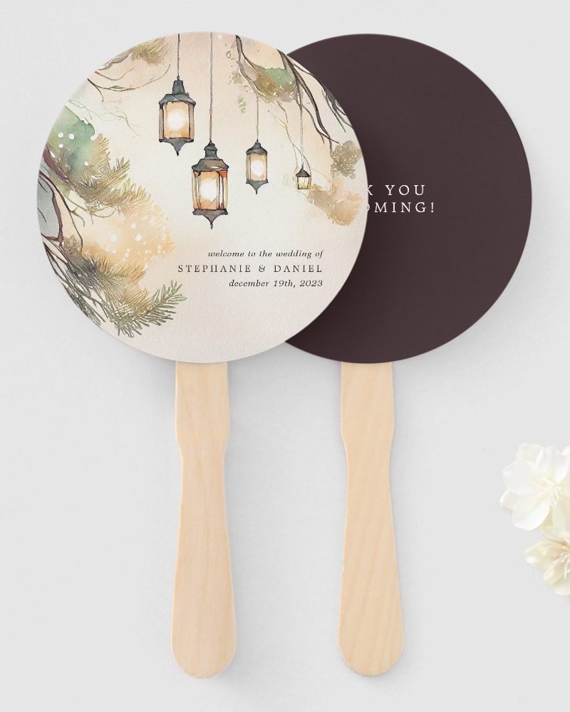 Rustic Tree Botanical Lantern Lights Wedding Hand  Hand Fan