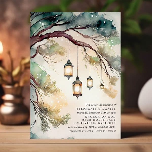 Wedding Invitation Featuring A Watercolor Painting Of Lanterns Hanging From A Tree Branch.