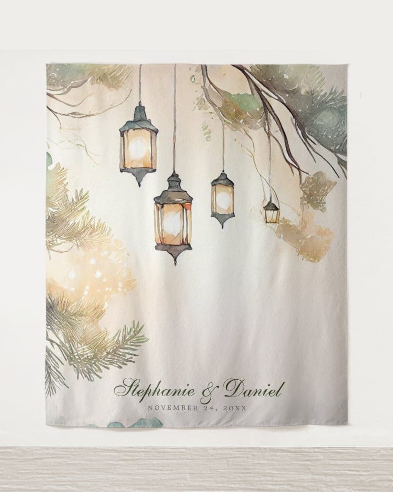 Rustic Tree Botanical Lantern Lights Wedding Photo Tapestry