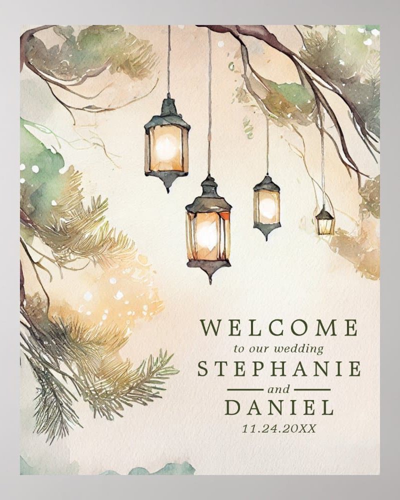 Watercolor painting of lanterns hanging from tree branches, wedding announcement for Stephanie and Daniel.