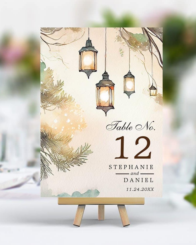 Rustic Tree Botanical Lantern Lights Wedding Table Number