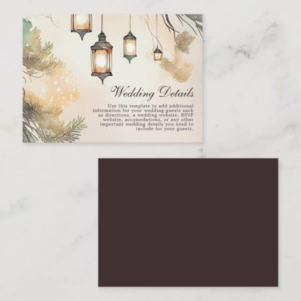 Wedding Detail Card With Watercolor Lanterns And Pine Branches.